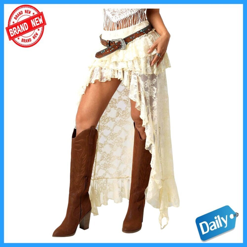 Floral Lace Maxi Skirt Drop Waist Ruffle Sheer Mesh Boho Casual